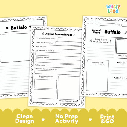 Three printable buffalo-themed worksheet pages are shown on a pale yellow background with a decorative yellow banner at the bottom. The pages include fields for animal research, name writing, and drawing, with the brand name 'Wiffy Land' visible in the top right.