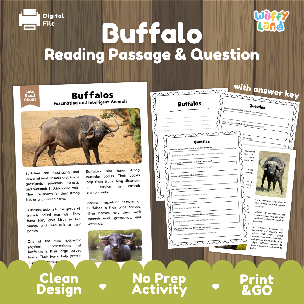 Digital reading activity bundle for 'Buffalo' featuring a reading passage, comprehension questions, and an answer key, presented on a wood-grain background with promotional badges.