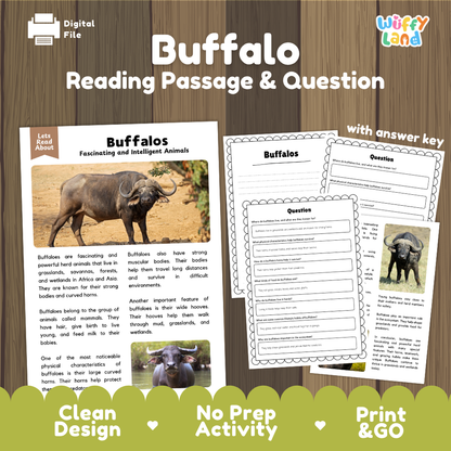 Digital reading activity bundle for 'Buffalo' featuring a reading passage, comprehension questions, and an answer key, presented on a wood-grain background with promotional badges.