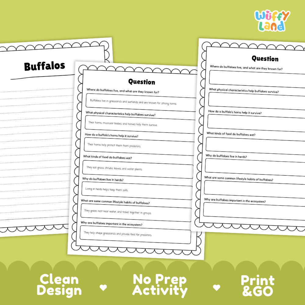 Three printable worksheet pages about buffalos are shown on a light green background with decorative text reading 'Clean Design', 'No Prep Activity', and 'Print & GO'. The top right corner shows the brand name 'Wiffy Land'.