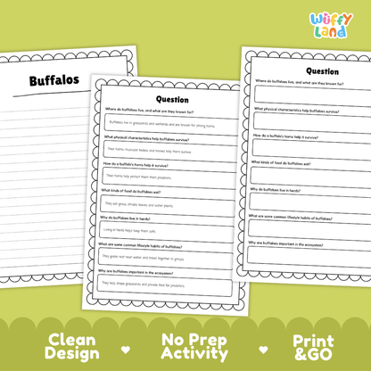 Three printable worksheet pages about buffalos are shown on a light green background with decorative text reading 'Clean Design', 'No Prep Activity', and 'Print & GO'. The top right corner shows the brand name 'Wiffy Land'.