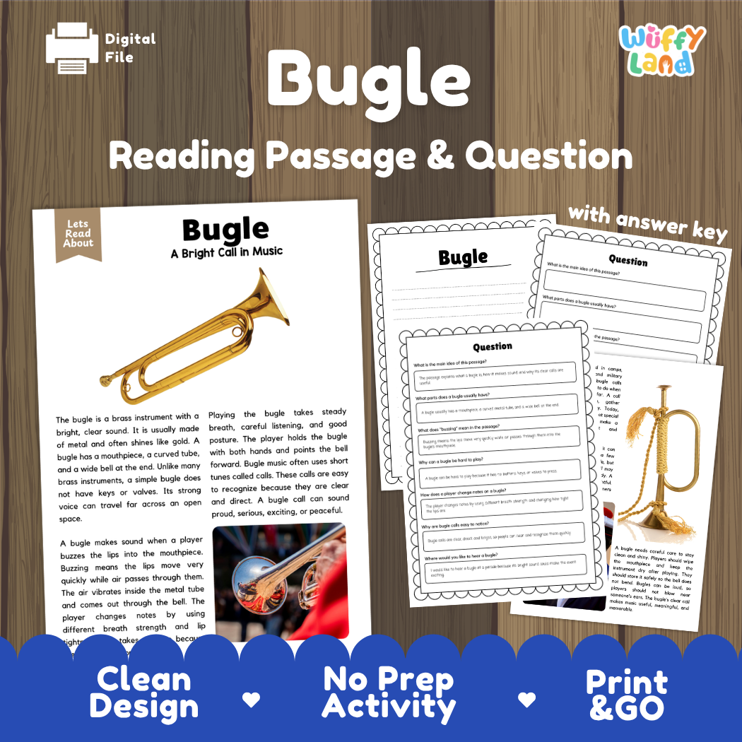 Bugle reading comprehension passage and questions printable activity pack with answer key for elementary students