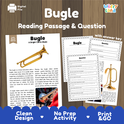 Bugle reading comprehension passage and questions printable activity pack with answer key for elementary students
