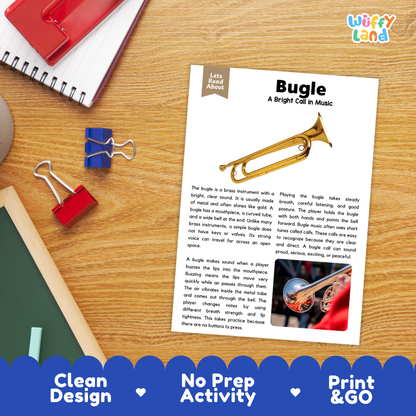 Student reading comprehension worksheet with short-answer questions and lined sections about the bugle instrument