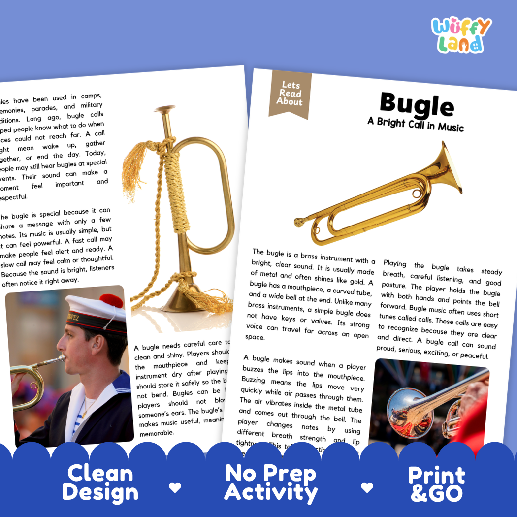 Teacher answer key page showing complete question solutions for Bugle music education reading comprehension practice