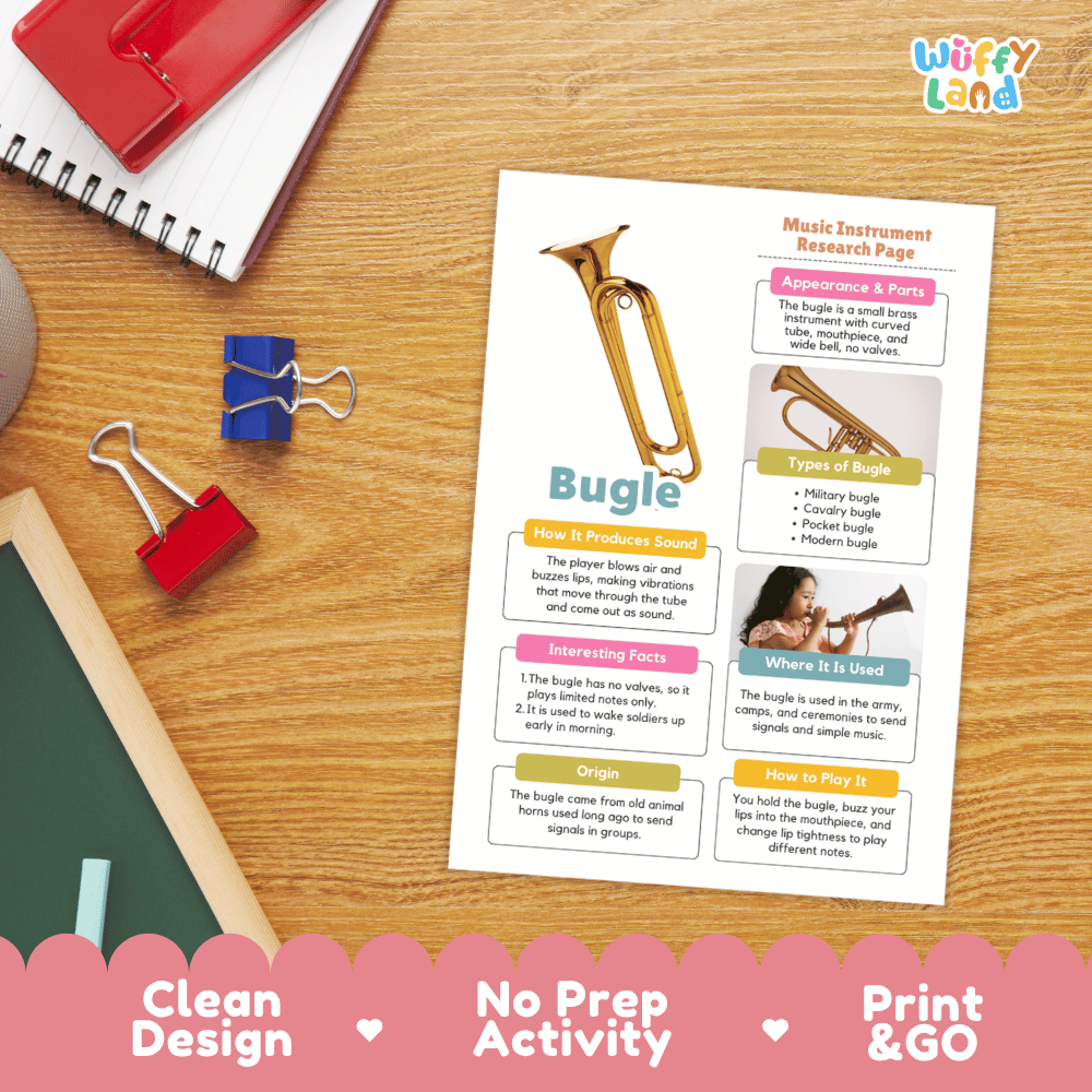 Bugle Music Research Page Worksheets and Fact Sheet