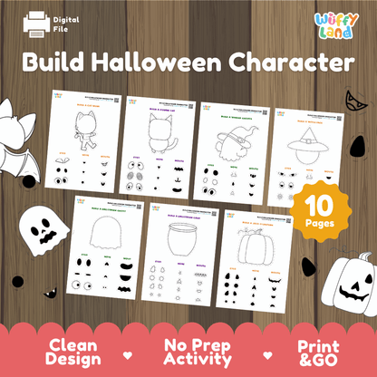 Build Halloween Character Cut and Paste Activity Worksheets