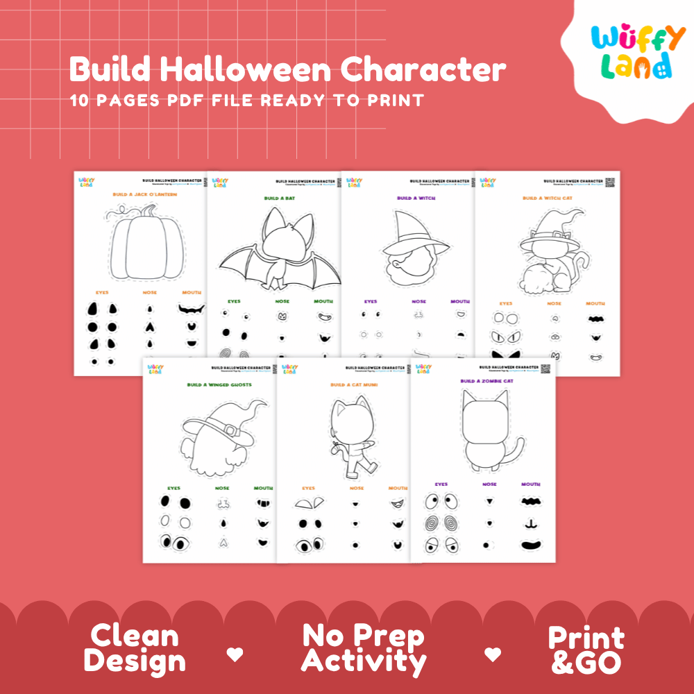 Build Halloween Character Cut and Paste Activity Worksheets