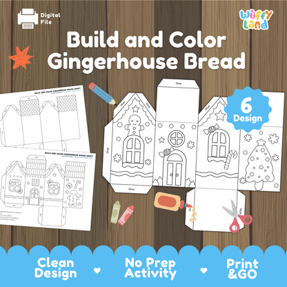 Printable gingerbread house craft templates with cut-and-fold panels, decorations, glue tabs, scissors, crayons, and six different house designs for kids to build and color