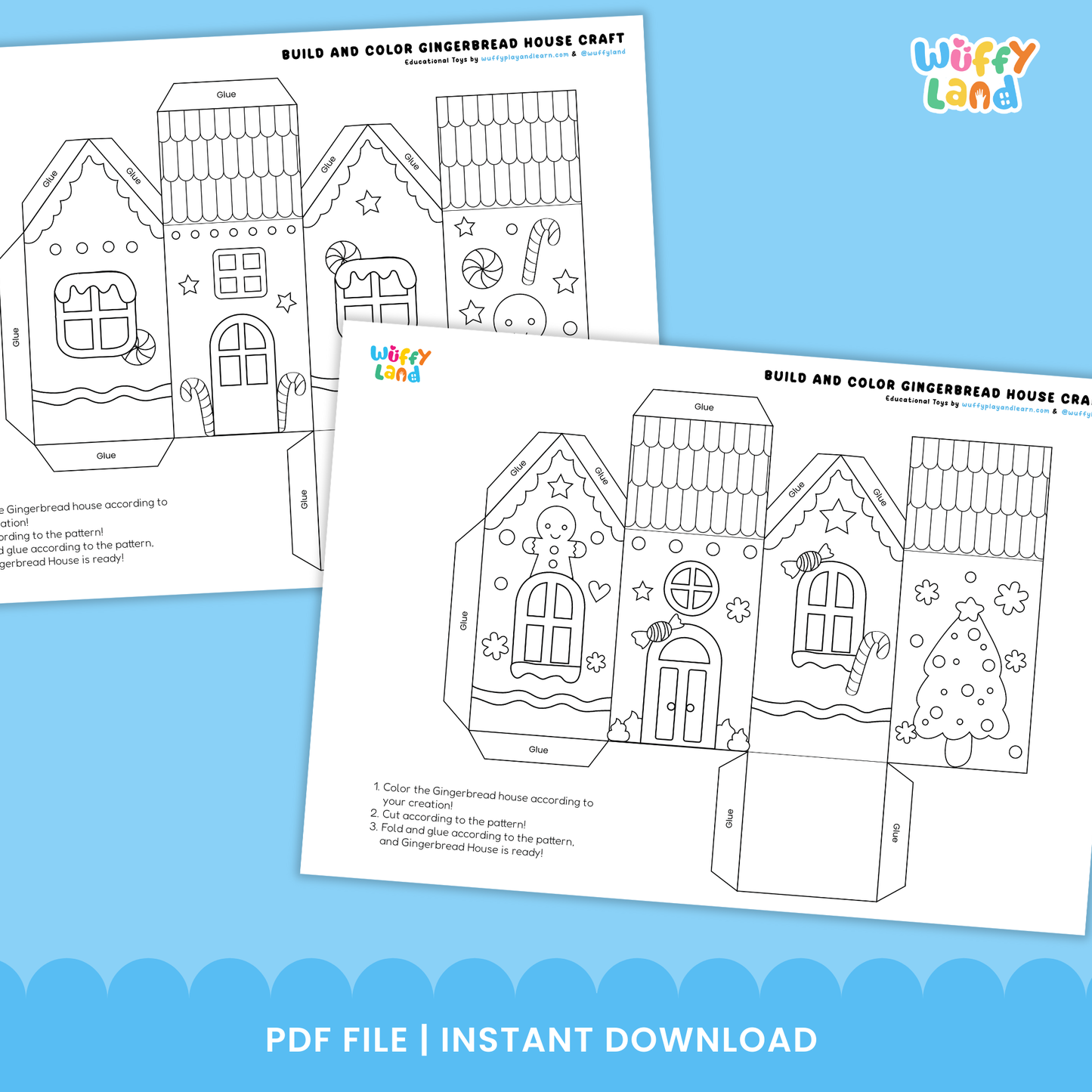 Printable gingerbread house craft templates with cut-and-fold panels, decorations, glue tabs, scissors, crayons, and six different house designs for kids to build and color