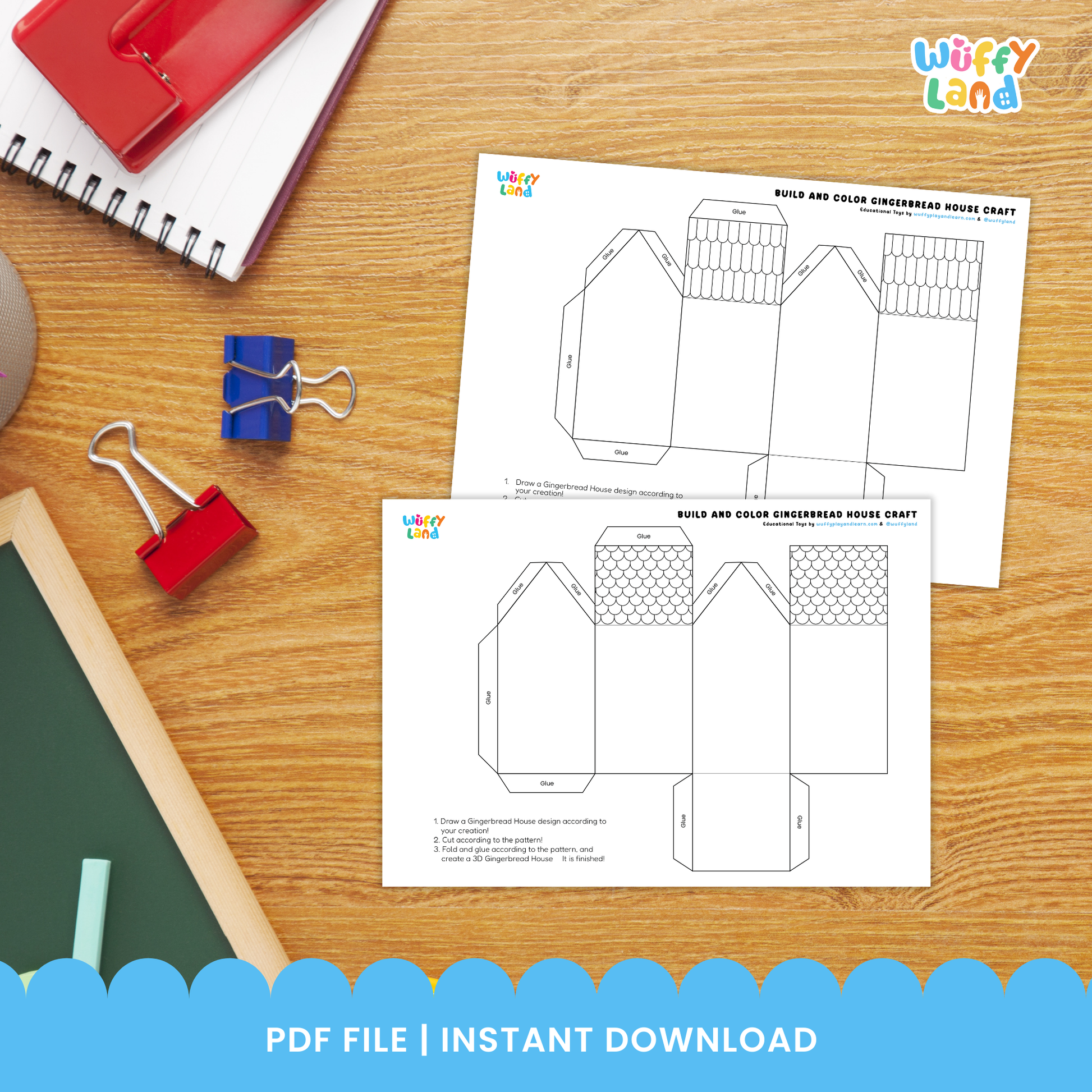 Printable gingerbread house craft templates with cut-and-fold panels, decorations, glue tabs, scissors, crayons, and six different house designs for kids to build and color.