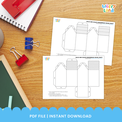 Printable gingerbread house craft templates with cut-and-fold panels, decorations, glue tabs, scissors, crayons, and six different house designs for kids to build and color.