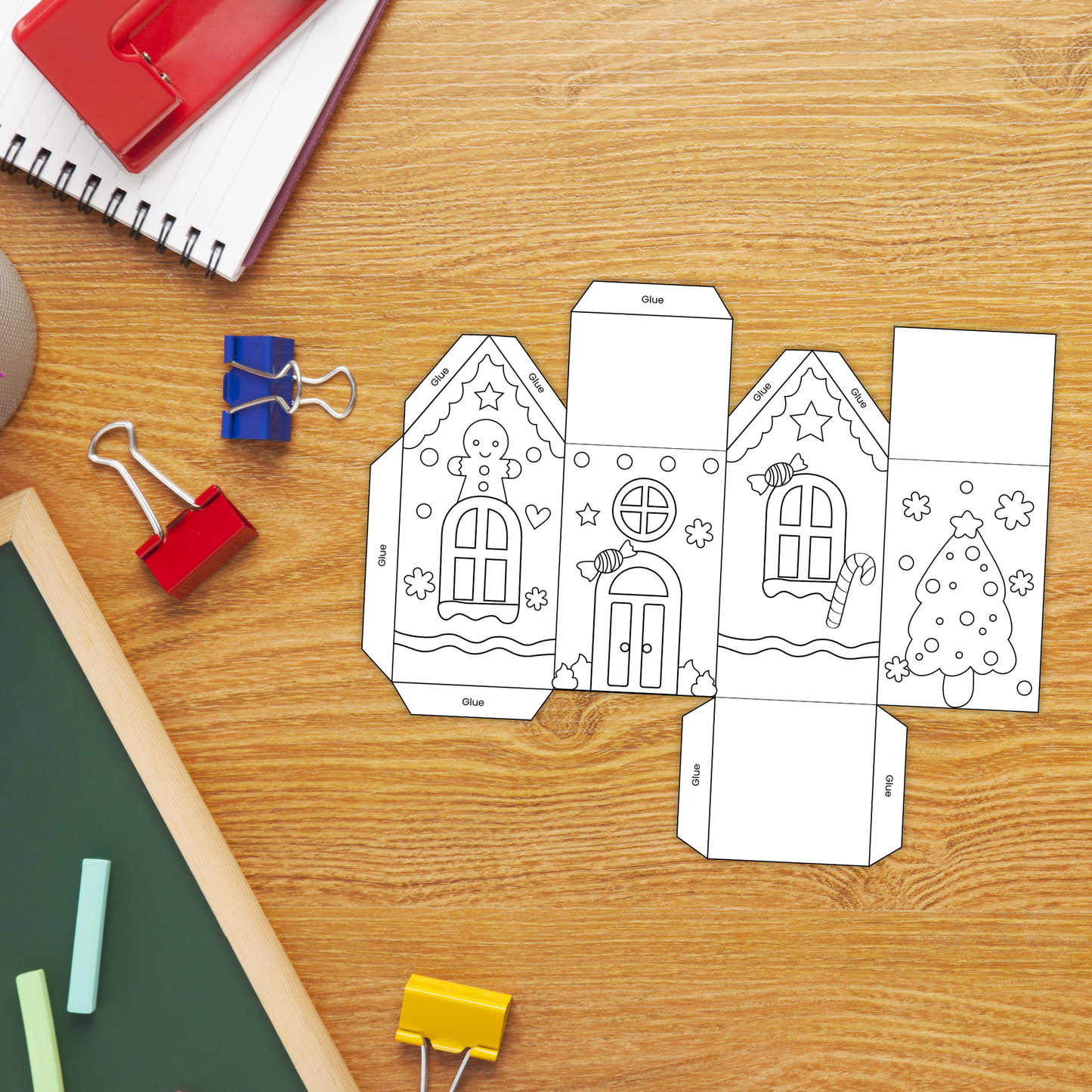 Printable gingerbread house craft templates with cut-and-fold panels, decorations, glue tabs, scissors, crayons, and six different house designs for kids to build and color.