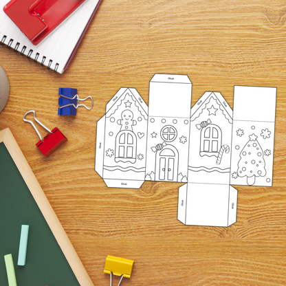 Printable gingerbread house craft templates with cut-and-fold panels, decorations, glue tabs, scissors, crayons, and six different house designs for kids to build and color.