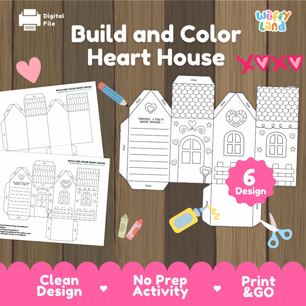 Build and Color Heart House Craft - Valentine's Day 3D Activity Worksheets