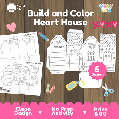 Build and Color Heart House Craft - Valentine's Day 3D Activity Worksheets