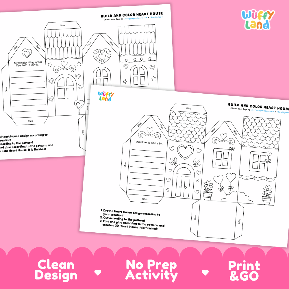 Build and Color Heart House Craft - Valentine's Day 3D Activity Worksheets
