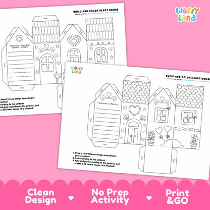 Build and Color Heart House Craft - Valentine's Day 3D Activity Worksheets