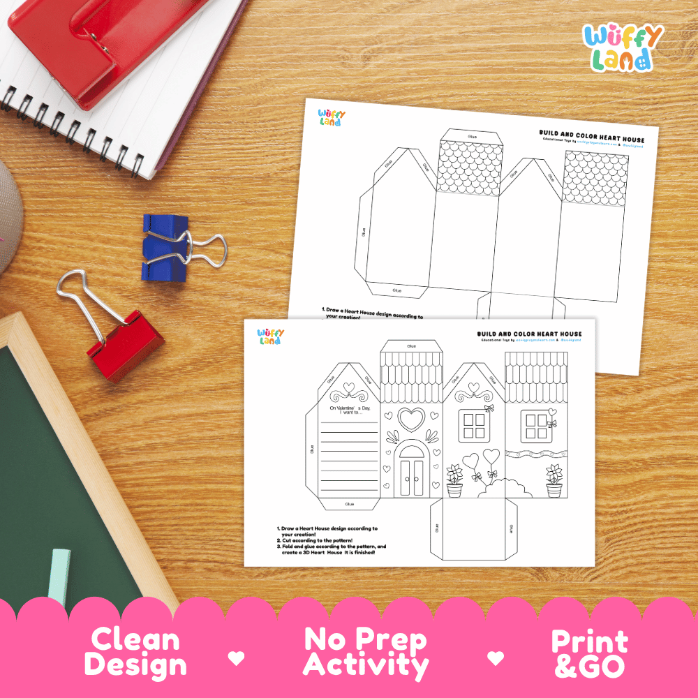 Build and Color Heart House Craft - Valentine's Day 3D Activity Worksheets