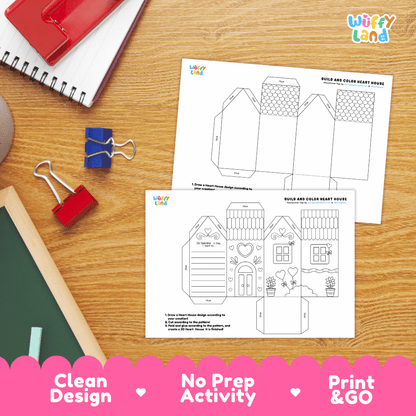 Build and Color Heart House Craft - Valentine's Day 3D Activity Worksheets