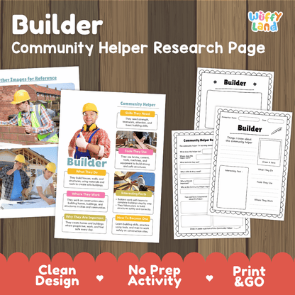 Builder community helper research page writing worksheets pack featuring real photos and student activity pages for elementary social studies and STEM