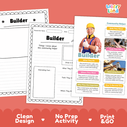 Educational reference poster with real photography showing builder duties, bricks and cement tools, construction workplace, and interesting career facts