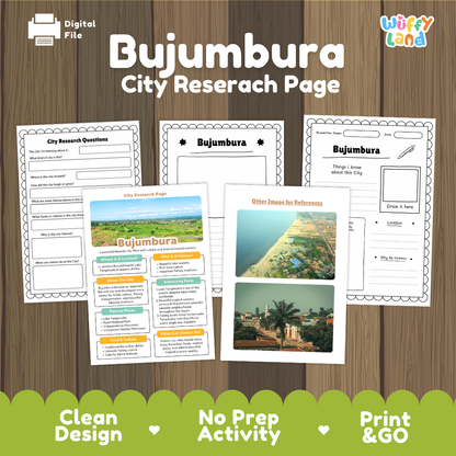 Digital preview of a Bujumbura City Research Page activity sheet set by Wiffy Land, displayed on a brown wood background with a green banner at the bottom highlighting key features.