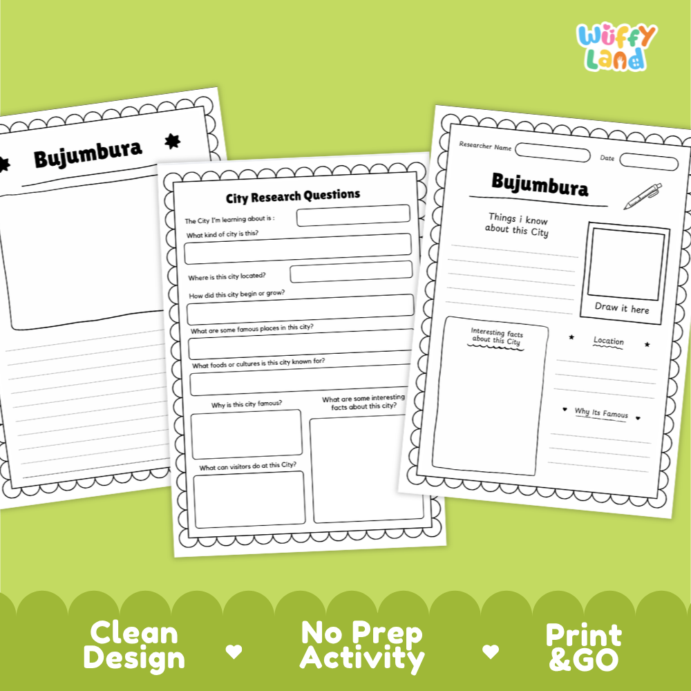 Three printable city research activity sheets for Bujumbura are shown on a bright green background with decorative text at the bottom. The sheets are black-and-white lined writing pages with headings like 'Bujumbura,' 'City Research Questions,' and 'Things I know about this city.