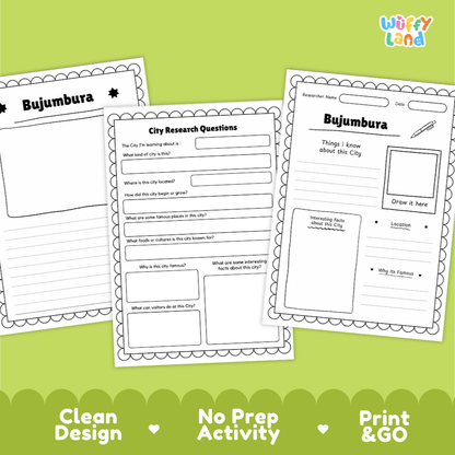 Three printable city research activity sheets for Bujumbura are shown on a bright green background with decorative text at the bottom. The sheets are black-and-white lined writing pages with headings like 'Bujumbura,' 'City Research Questions,' and 'Things I know about this city.