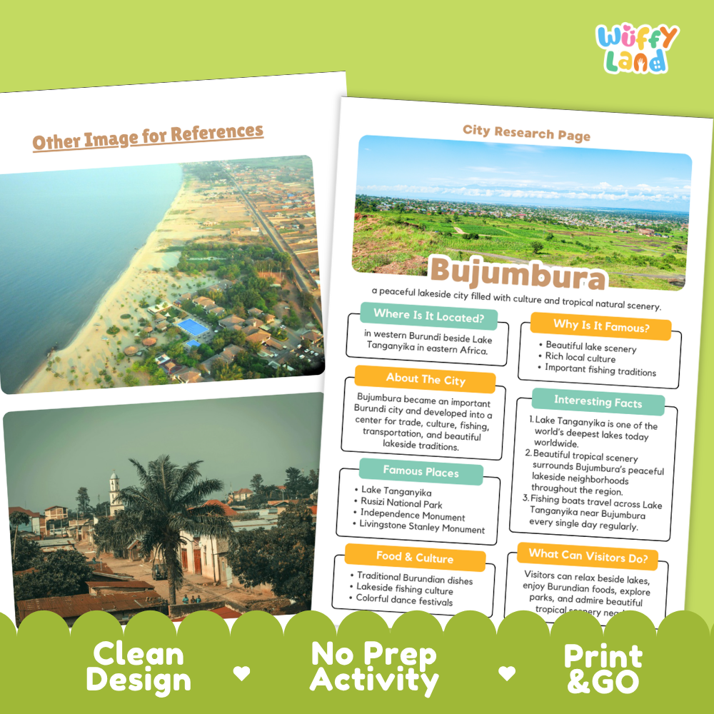 A printed educational travel poster or activity sheet about Bujumbara, shown with two overlapping pages on a white background. The pages include a map, scenic photo, text sections, and a green border.