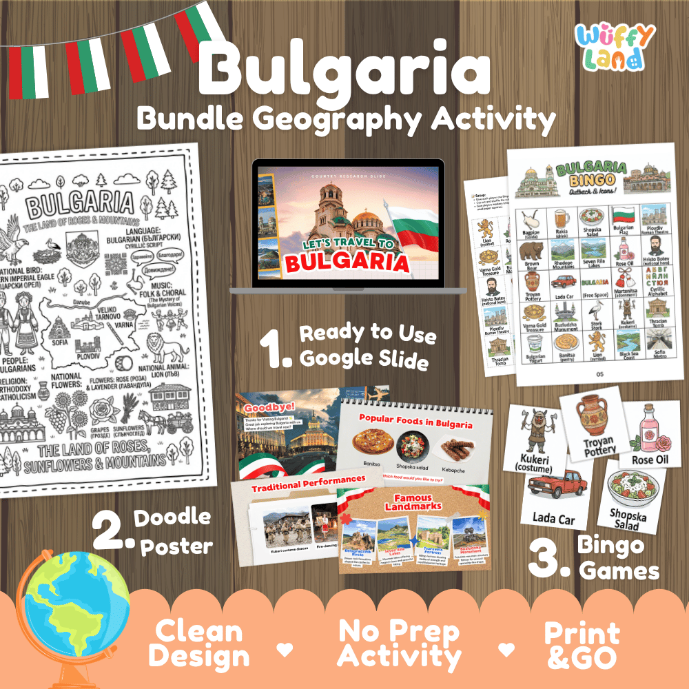 Complete Bulgaria geography activity bundle featuring Google Slides, doodle coloring poster, and classroom bingo games 🇧🇬🎒