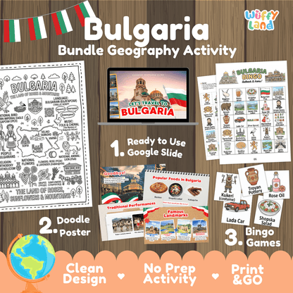 Complete Bulgaria geography activity bundle featuring Google Slides, doodle coloring poster, and classroom bingo games 🇧🇬🎒