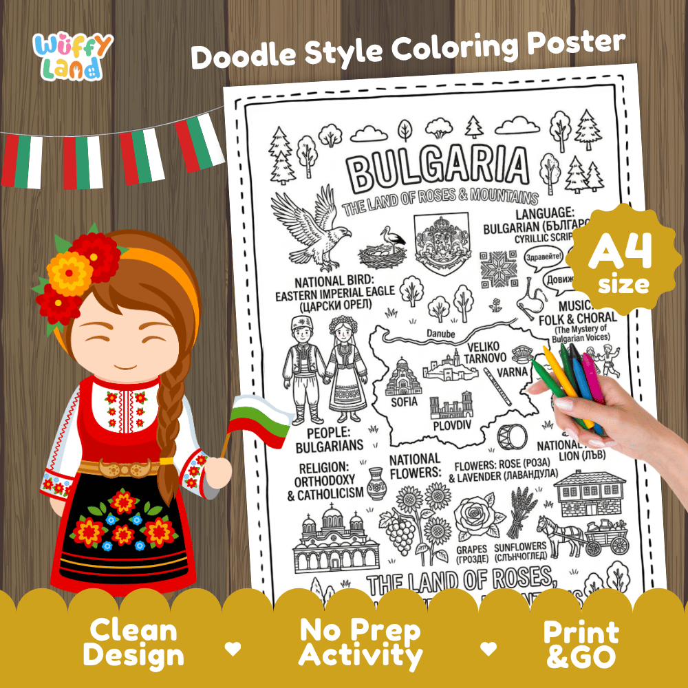 Bulgaria country study doodle style coloring poster printable page featuring map, landmarks, and cultural symbols