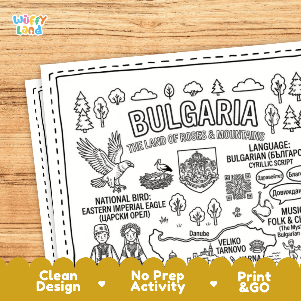 Cultural coloring page featuring traditional Bulgarian folk costume, Cyrillic script, horo dance, and Zdraveite greeting speech bubbles
