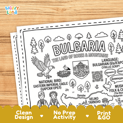 Cultural coloring page featuring traditional Bulgarian folk costume, Cyrillic script, horo dance, and Zdraveite greeting speech bubbles