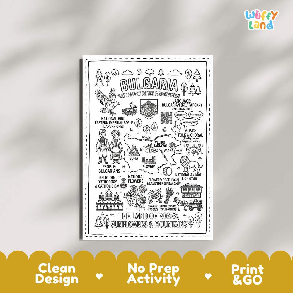 Educational activity coloring page highlighting Bulgaria national bird Eastern Imperial Eagle, Kazanlak rose, lavender, and lion