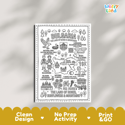 Educational activity coloring page highlighting Bulgaria national bird Eastern Imperial Eagle, Kazanlak rose, lavender, and lion