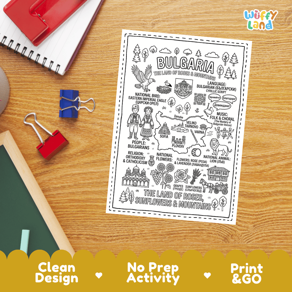 Doodle map coloring sheet showing Bulgaria, capital city Sofia Alexander Nevsky Cathedral, Plovdiv, Veliko Tarnovo, and Varna