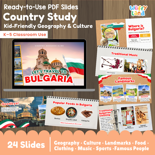 Interactive Google Slides deck displaying famous Bulgarian landmarks like Alexander Nevsky Cathedral and traditional foods like Banitsa and Shopska Salad 💻⛪