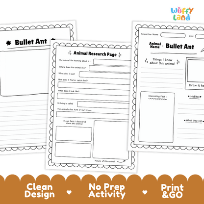 Bullet Ant Animal Research Project Worksheets and Fact Sheet Activity