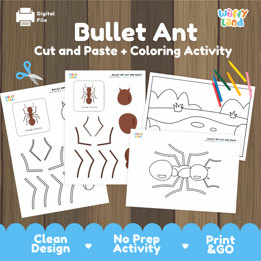Bullet Ant Cut and Paste Craft and Coloring Activity Worksheets