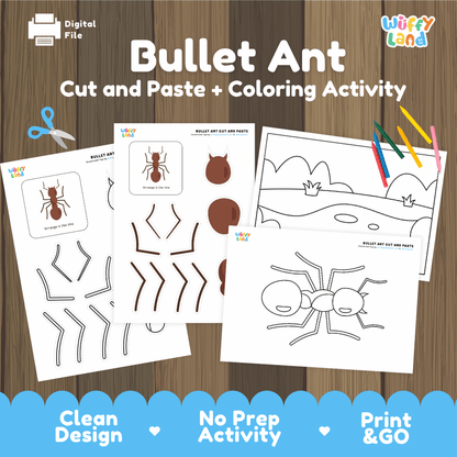 Bullet Ant Cut and Paste Craft and Coloring Activity Worksheets