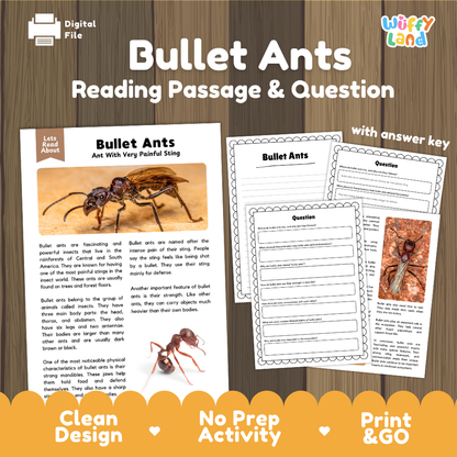 Bullet Ants Reading Passage and Comprehension Questions Worksheets