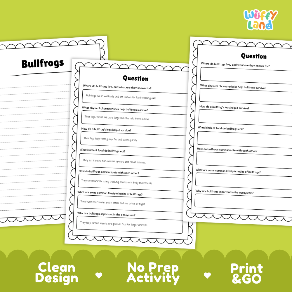 Bullfrog Reading Passage and Comprehension Questions Worksheets