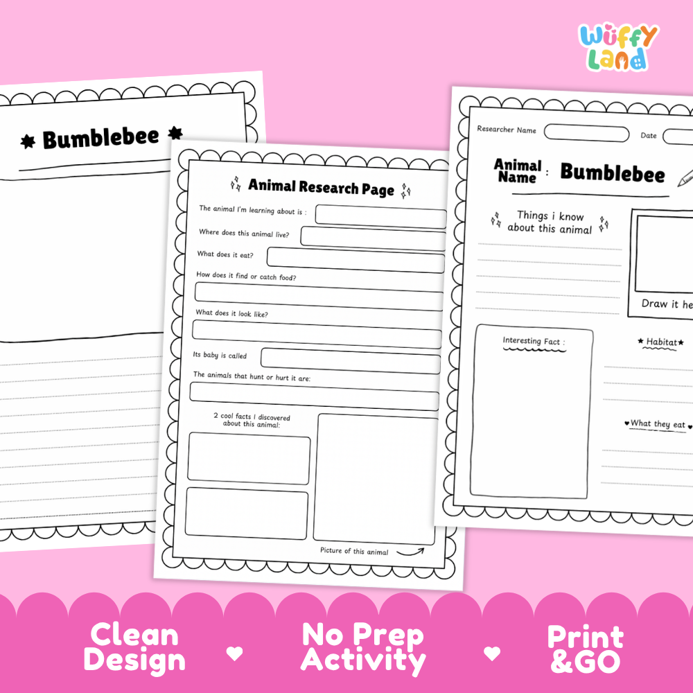 Three printable worksheet pages for bumblebee animal research and writing activities, displayed on a pink background with promotional text at the bottom.