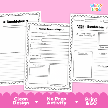Three printable worksheet pages for bumblebee animal research and writing activities, displayed on a pink background with promotional text at the bottom.