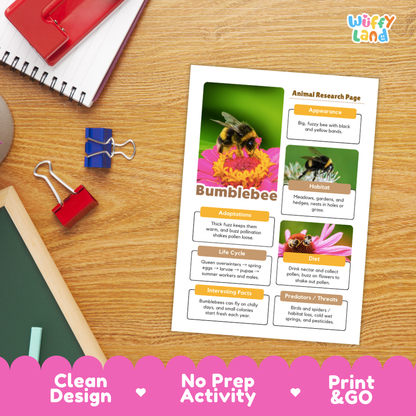 Bumblebee Animal Research Page Worksheets