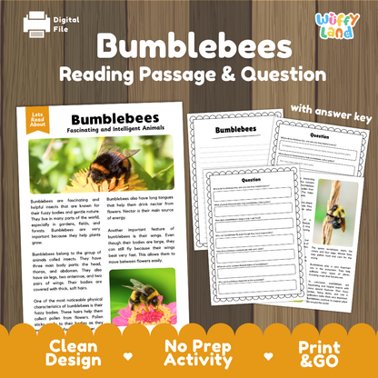 Digital reading activity bundle for bumblebees, featuring a reading passage, comprehension questions, and an answer key displayed on a wood background with promotional text.