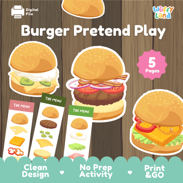 Burger Pretend Play Printable Activity dramatic play Center Cutouts and Menu Cards