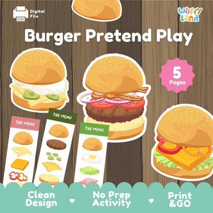 Burger Pretend Play Printable Activity dramatic play Center Cutouts and Menu Cards